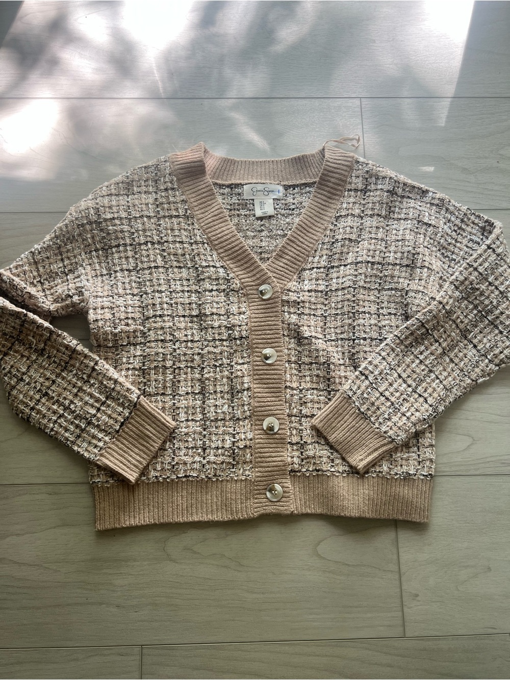 Jessica Simpson Tweed-Textured Cropped Cardigan in Beige & Cream